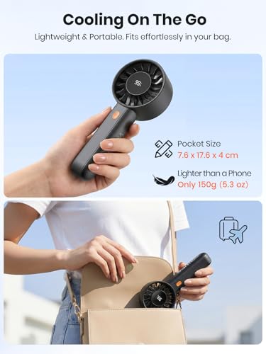 Warmco Portable Handheld Turbo Fan 5000mAh, 4-Speed Personal Mini Fan with Base & Lanyard, Smart LED Display, USB Recharge...