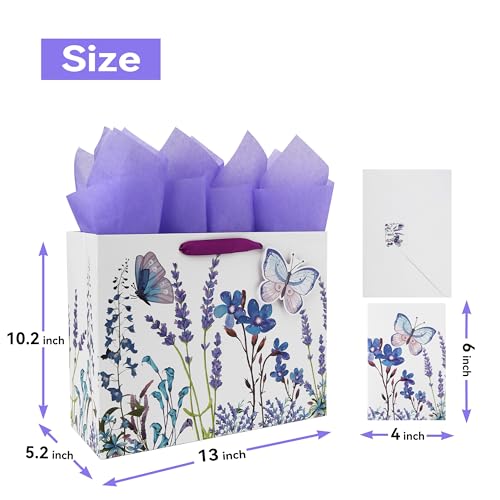 Qirrmiy 13" Large Purple Gift Bag Set with Greeting Card and Tissue Paper (Lavender and 3D Butterfly) Women's Birthday, Mo...