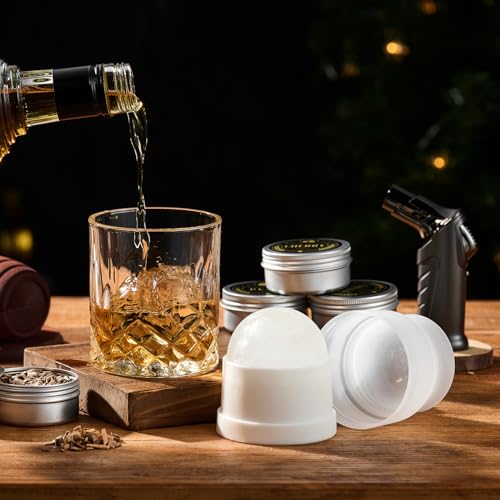 Whiskey Smoker Kit with Torch - 6 Flavors Wood Chips, 2 Glasses, 2 Ice Ball Molds - Cocktail Smoker Infuser Kit, Old Fashi...