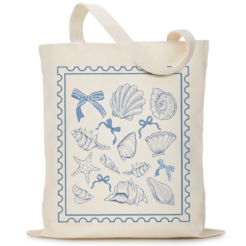 Puuonnnnno Blue Seashells Stamp Canvas Tote Bag for Woman Lady Friends, Canvas Shoulder Bag Reusable Grocery Shopping Bag