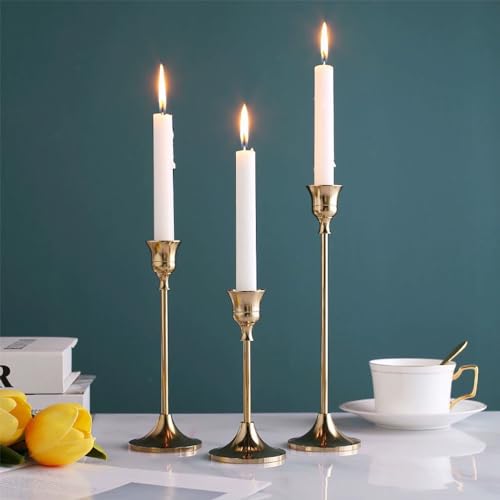 Taper Candle Holder Set of 6, Brass Gold Tall Candlestick Holders, Metal Vintage Candle Stickers Long Holder Set, Pillar D...
