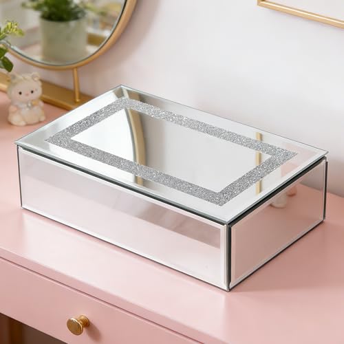 Poayewly Luxury Mirrored Jewelry Box with Crushed Diamond - Glass Jewelry Box Organizer Storage Ring Holder Case for Women