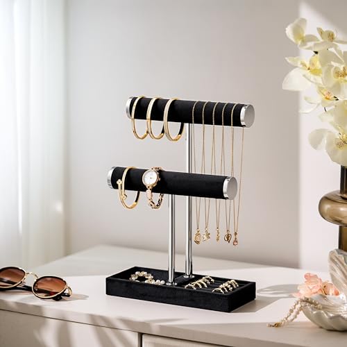 bussdis 2 Tier Bracelet Holder Display - Detachable T Bar Black and Silver Velvet Bracelet Holder, Jewelry Holder Organize...