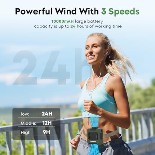 LOUISWARE Portable Waist Fan 10000mAh Rechargeable Waist Clip Fan 18000RPM With Max 12H Working Time 3-speed adjustment wi...