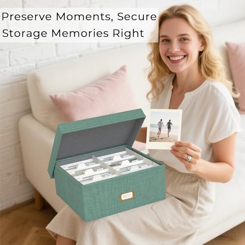 Decorative Photo Storage Box - Linen Photo Box Organizer with Dividers, Fits Holds Up to 1700 Pictures and 4x6 Photos, Mem...