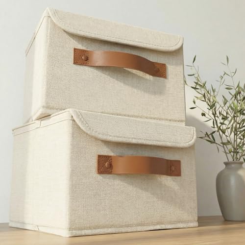 Decorative Linen Storage Boxes with Lids - Spacious Set of 2 Organizer Bins for Your Home Decor - The Perfect Small Contai...
