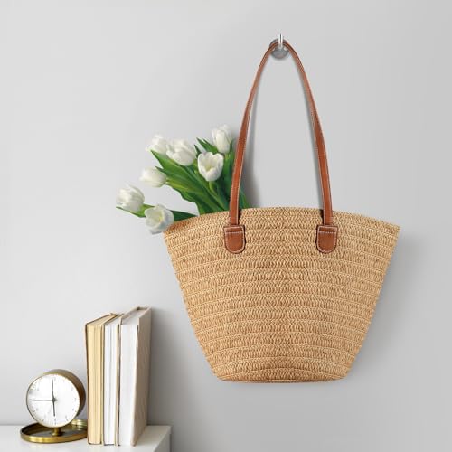 Pleneal Straw Beach Bags for Women - Women Beach Handmade Woven Tote Bag, Summer Mesh Hollow Shoulder Bag for Holiday