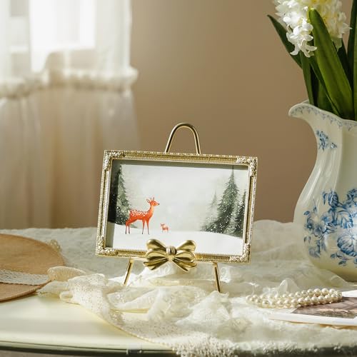 Synovana Gold Alloy Picture Frame – 4x6 Picture Frame with Bow Accent, Golden Picture Frames for Wedding, Anniversary, Tab...