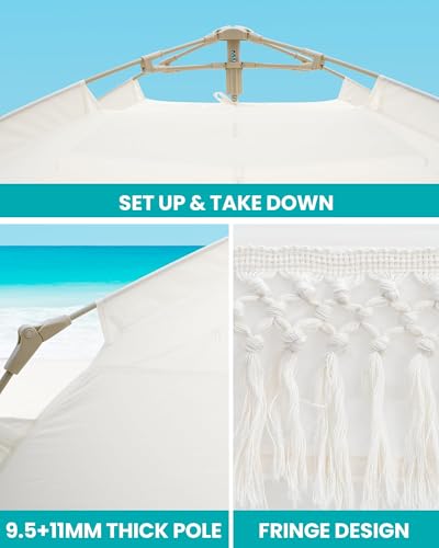 OutdoorMaster Updated Pop Up Beach Tent with Fringe for 4 Person, Easy Setup and Portable Beach Shade Sun Shelter Canopy w...