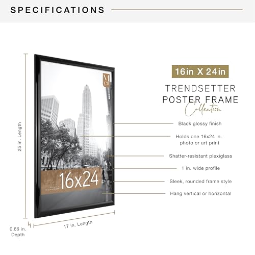 MCS Trendsetter 16x24 Poster Frame Black High-Gloss, Vertical & Horizontal Wall Hanging Large Picture Frame for Photos, Po...