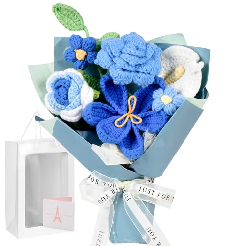 MengxFly Crochet Flower Bouquet Blue, Handmade Crochet Flowers Bouquet, Knitted Floral Gift for Her, with Gift Box, Bag an...