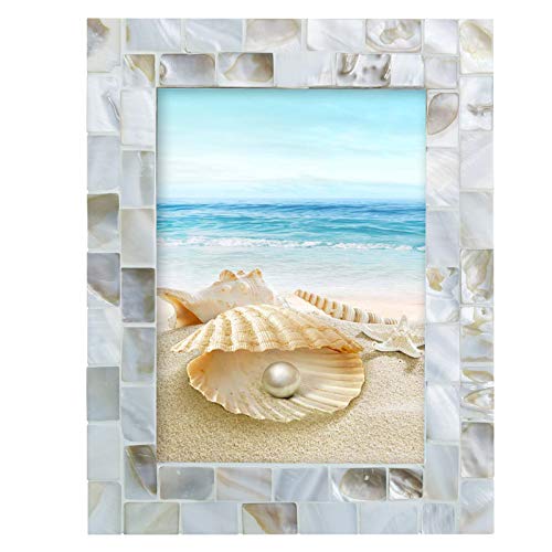 WORAMUK Handmade Picture Frames, 5" x 7"Vintage Mother of Pearl Photo Frame,Unique Natural Style,Chic Mosaic Beach Picture...