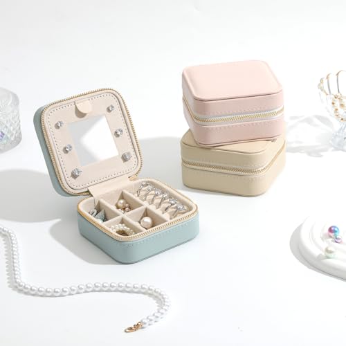 NGVRC Genuine Leather Travel Jewelry Case Organizer with Mirror for Women, Small Jewelry Box Portable Mini Jewelry Case fo...