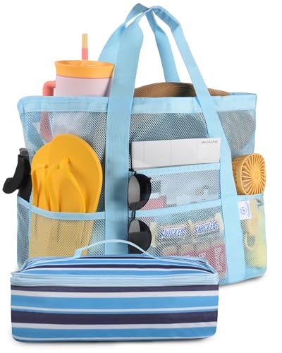 Genteen Beach Bag for Women, Mesh Tote Bags with Zipper, Sandproof Vacation Essentials with Cooler for Swim Cruise Pool