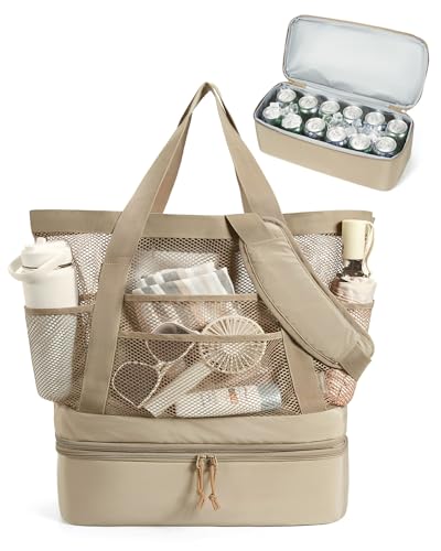 BAGSMART Beach Bag for Women, Mesh Tote Bags with Zipper, Sandproof Vacation Essentials with Cooler for Swim Cruise Pool