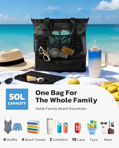 VAYOQON Extra Large Beach Bag with Cooler, Mesh Tote Bag for Women with Zipper, Waterproof Sandproof Pool Vacation Essentials