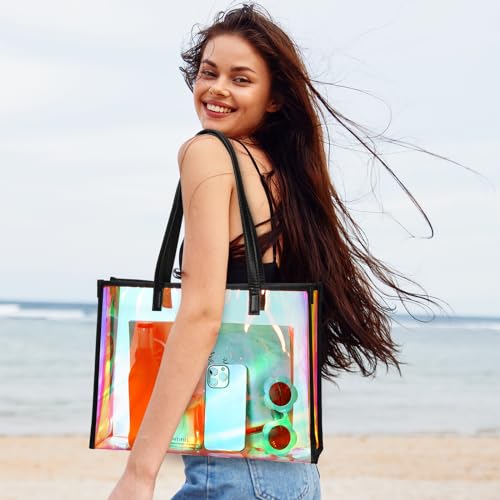 Aliceset Holographic Clear Tote Bag with Leather Handle Iridescent Bachelorette Beach Bag for Work Stadium Travel | with L...