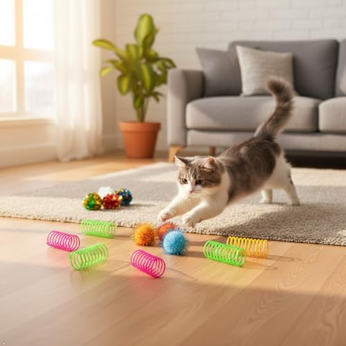 LASOCUHOO Cat Toys, 30 Packs Interactive Cat Toy Pack Including Cat Crinkle Balls, Cat Sparkle Balls, Spiral Springs for K...