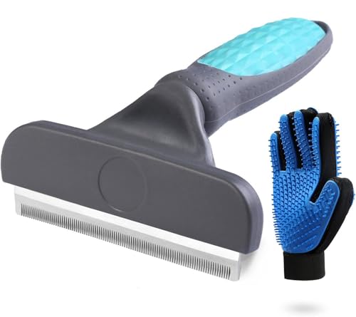 2PCS Pet Grooming Brush Set, Undercoat Deshedding Tool & Double-Sided Silicone Glove for Dogs, Cats & Horses - Gentle & Ef...
