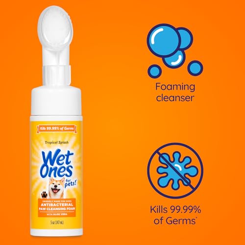 Wet Ones for Pets Antibacterial Dog Paw Cleaner with Built-in Scrubber Brush, Tropical Splash Scent - Foaming Cleanser for...