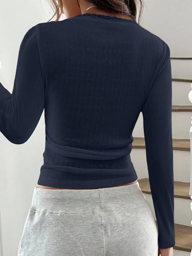 KIGRAD Women Y2k Lace Trim Scoop Neck Button Pointelle Crop Tee Tops Slim Fit Long Sleeve Aesthetic Fall Henley T Shirts