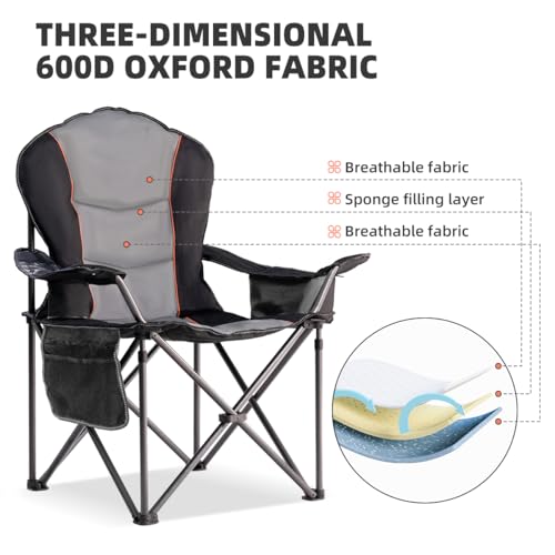 Foristrail Large Camping Chair with Side Table Heavy Duty 500LBS - Folding Outdoor Chair with Cooler Bag (Black & Gray, 1 ...