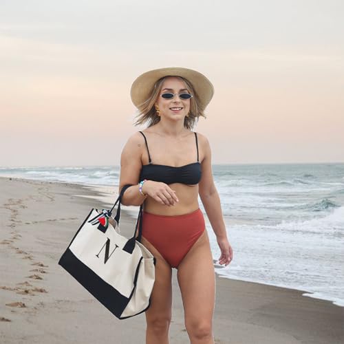 Salt Earth Personalized Initial Canvas Tote Bag for Women, Large Cotton Monogram Beach Grocery Reusable Work Travel Tote
