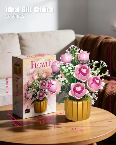 Mavo brix Pink Rose Building Set for Adults, Botanical Flowers Bouquet with Vase, Home Décor Centerpiece, Gift for Women, ...
