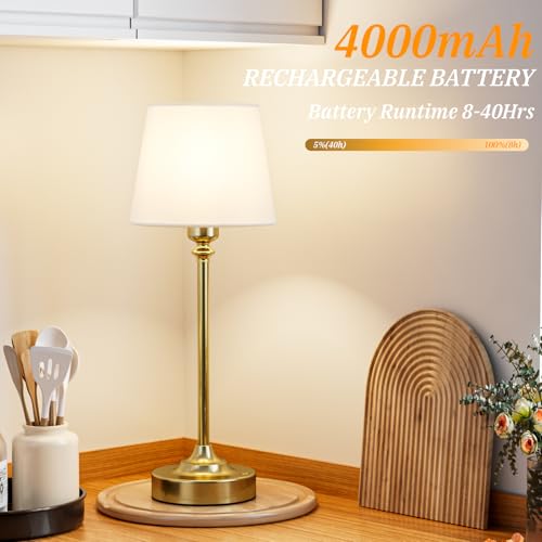 Cordless Table Lamp Rechargeable Gold - 1 Pack Brass 4000mAH Battery Operated Lamp for Decor, 3000K Stepless Dimming Touch...