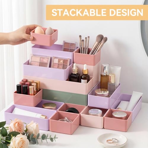 Teenyyou 18 Pcs Drawer Organizer Stackable 4 Size Makeup Drawer Organizer Trays Acrylic Bathroom Vanity Storage Bins for C...