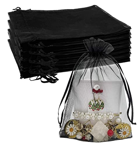 Jexila 100PCS Sheer Organza Bag 5''X7'' Black Mesh Bags Drawstring Gift Bag Small for Jewelry Goodie Candy Wedding Party F...