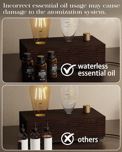 Glass Essential Oil Diffuser with Natural Wood Base, Waterless Aromatherapy Diffusers with Bulb, 3 Color Light Aroma Nebul...