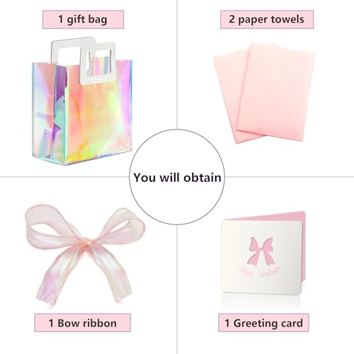 KeerxunBag 1 Pack Holographic Gift Bags with Handles & 2 Tissue Paper Sheets – Iridescent Transparent Reusable Bags for Wo...