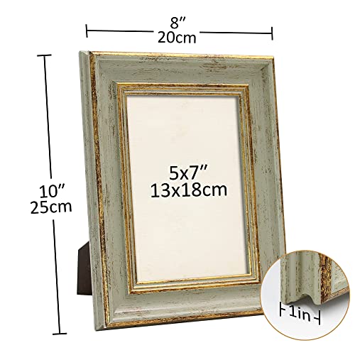 Sapowerntus Vintage 5x7 Picture Frame Gold Line Sage Green Distressed Photo Frames Set Antique Real Glass Wall Hanging Tab...