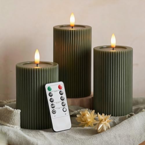 WYZworks Fluted Ribbed LED Pillar Candles, Loden Green, with Realistic Reflective Melted-Wax Effect – Flickering Flame, Re...