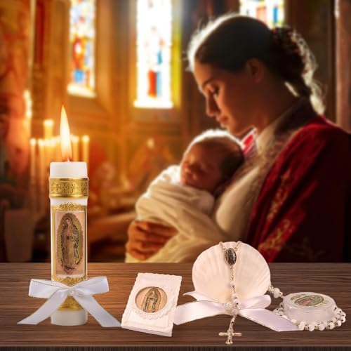 Baptism Candle Set for Boys and Girls,5 PCS Baptism Kit Virgen De Guadalupe Catholic Candle,Towel,Shell,Rosary,Bible for B...