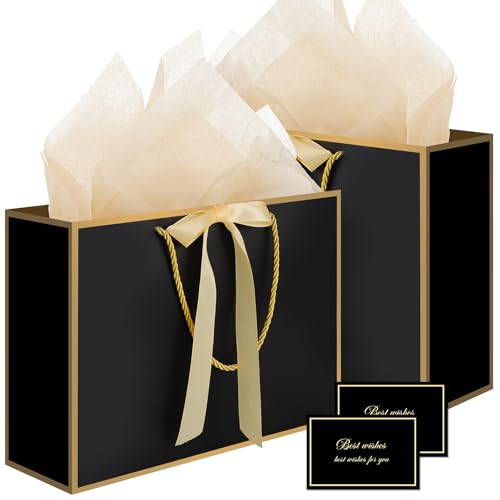 woric Black Gift Bags with Handles, 14" Medium Gift Bag with Tissue Paper, 2 Pcs Bags with 4 Tissue Paper and 2 Cards for ...