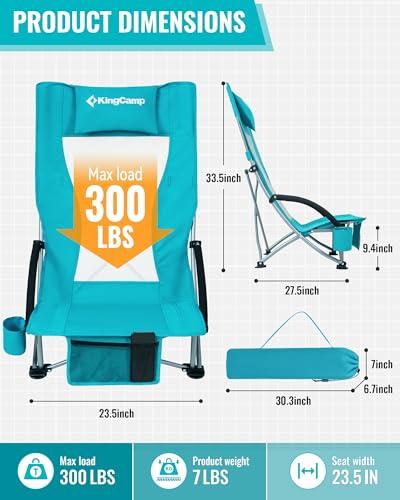 KingCamp Low Beach Chair, High Back Folding Camping Chair for Adults, Oversized Breathable Mesh Seat, 300lbs Heavy Duty Po...