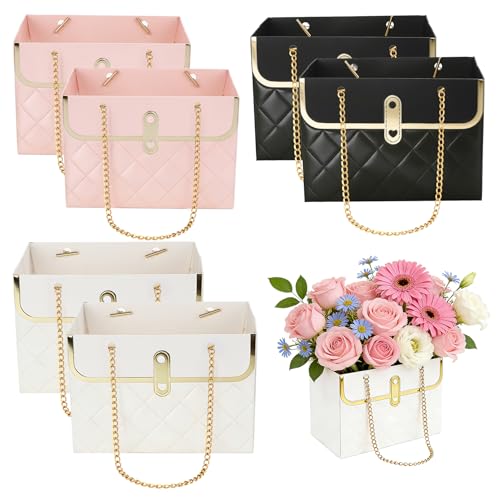 Flower Paper Gift Box 6 Pcs Floral Bouquet Storage Bucket Handbag with Metal Chain Flower Bouquet Purse Box Gift Wrap Bags...