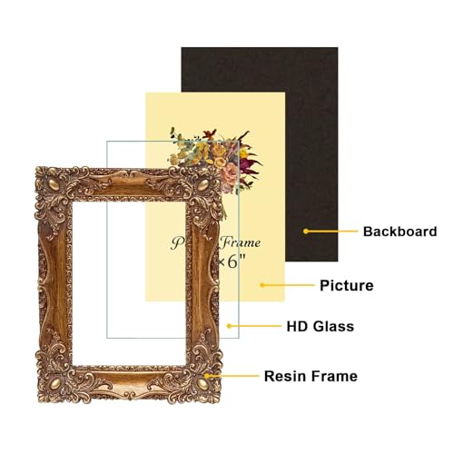 JANDERART Vintage Picture Frame 4x6 Inch, Antique Ornate Photo Frames with Glass Front, Retro Carving, Tabletop & Wall Han...