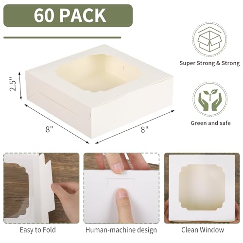 TOMNK 60pcs Cookie Boxes, 8x8x2.5 Inches Bakery Boxes with 2 Style Windows for Chocolate Strawberries, Pie, Pastry, Desser...