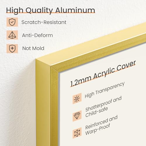 upsimples Aluminum 11x14 Picture Frame Gold, Display Photo 8x10 with Mat or 11 x 14 without Mat, Wall Hanging Metal Poster...