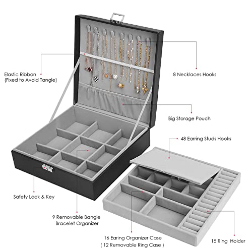 Jewelry Box, Jewelry Boxes for Women & Men with PU Leather, 2 Layer Large Jewelry Organizer Storage Case with Lock, for Ne...
