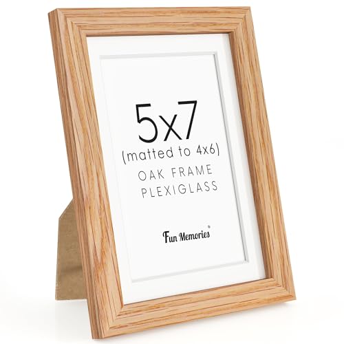 Fun Memories 5x7 Picture Frame, Solid Oak Wood 5 x 7 Frame with Plexiglass, 5 by 7 Photo Frame for Wall & Tabletop Displa...