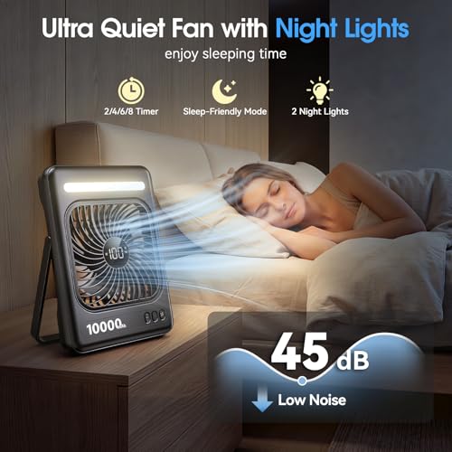 10000mAh Portable Travel Fan, 5 Speeds Strong Wind Cruise Fan with LED Lantern, 24H Runtime Cordless Personal USB Fan, 2/...