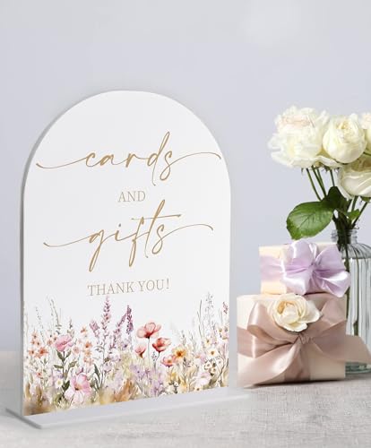 Boho Floral Wedding Cards and Gifts Sign, Wedding Reception Table Decorations, Arched Acrylic Table Sign with Base for Bri...