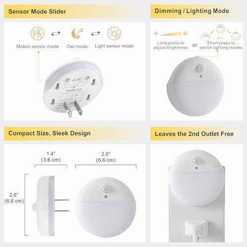 YUNLEX 2 Pack Plug in Night Light with Motion Sensor and Dusk to Dawn Sensor, Stepless Dimming, Warm White LED Nightlight ...