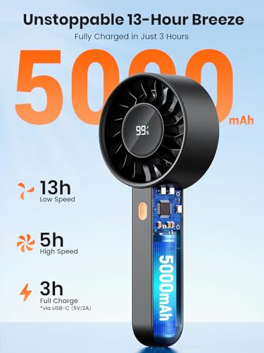 Warmco Portable Handheld Turbo Fan 5000mAh, 4-Speed Personal Mini Fan with Base & Lanyard, Smart LED Display, USB Recharge...