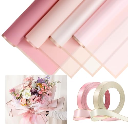 Tenare Flower Wrapping Paper and Ribbon Set 36 Sheets Bouquet Wrapping Paper with 50 Yards Double Face Satin Ribbon for Fl...