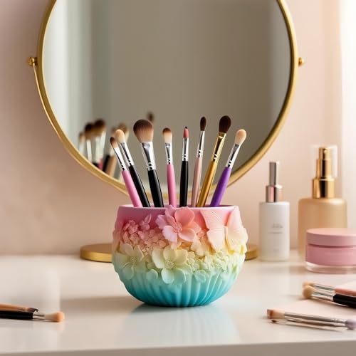Emboss Flower Butterfly Flower Pot Container Resin Mold, Makeup Organizer Plaster Cup Candle Jar Silicone Mold, Epoxy Resi...